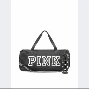 Pink” black duffel bag with water bottle